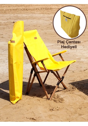Joyfull Turtle Ahşap - Kollu Katlanır Sandalye -Sarı Kılıf-Çanta Sarı