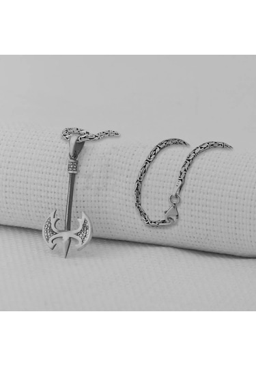 Takılingo 925 Ayar Gümüş Balta Motifli 2 Mm Kral Zincirli Erkek Kolye Gümüş