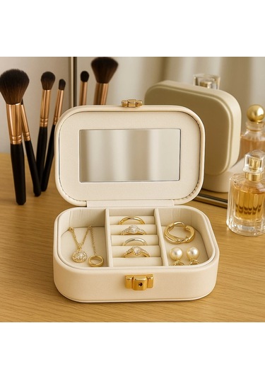 Deri Mini Seyahat Takı Bijuteri Mücevher Kutusu Organizer Düzenleyici 15cm Krem İthal Ürün
