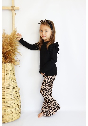 Kız Çocuk Leopar İspanyol Uzun Kollu Alt Üst Bandana Takım Tkm-0150 Siyah-leopar Siyah - Leopar