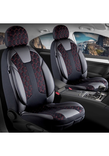 Kia Sportage Uyumlu Deri Detaylı Oto Koltuk Kılıfı Ön Arka Takım Cyrus Siyah Kırmızı