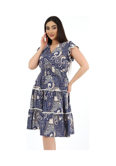 Kadın Viskon Yarım Kol V Yaka Gipeli Elbise Lacivert Lacivert