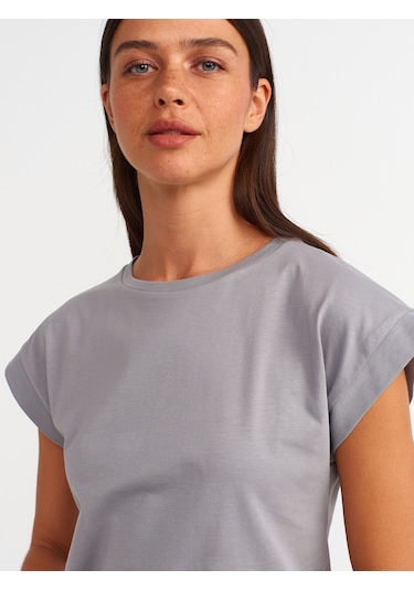 Dilvin Bisiklet Yaka Pamuklu T-shirt 101a03504 Gri