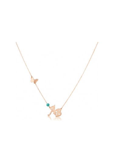 Kelebekli Çapraz Harf Kolye-rose Pembe