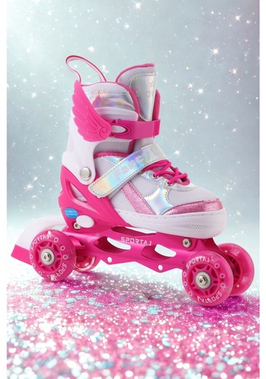 Melek Kanatlı Işıklı Çocuk Pateni Kask Ve Dizlik Seti Silikon Teker Ayarlanabilir Paten Çantalı Koyu Pembe