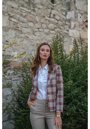 Kadın Ekose Desenli Blazer Ceket Frn6107 Kahverengi