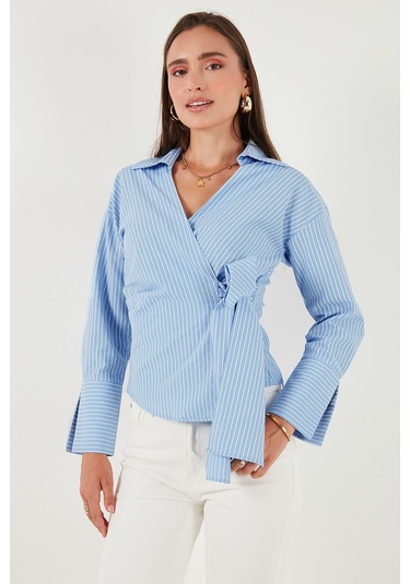 Lela Pamuklu Regular Fit Uzun Kollu Bağlama Detaylı Bayan Gömlek 65200538 Mavi Çizgili