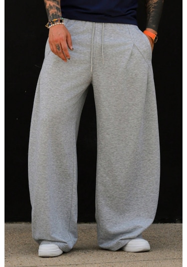 Tarz Cool Erkek Oversize Eşofman Altı Bağcıklı Rahat Kalıp Günlük Basic Jogger Pantolon Gri