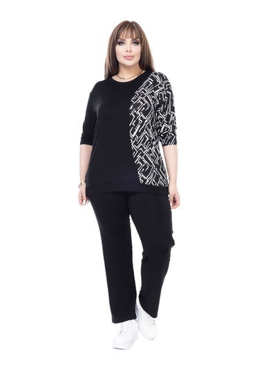 Melsay Butik Siyah Truvakar Kol Yarım Zigzag Garnili Viskon Büyük Beden Takım Siyah