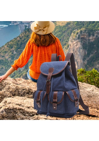 Suntek Kanvas Sırt Çantası Okul Yürüyüş Satchel Çanta Koyu Mavi