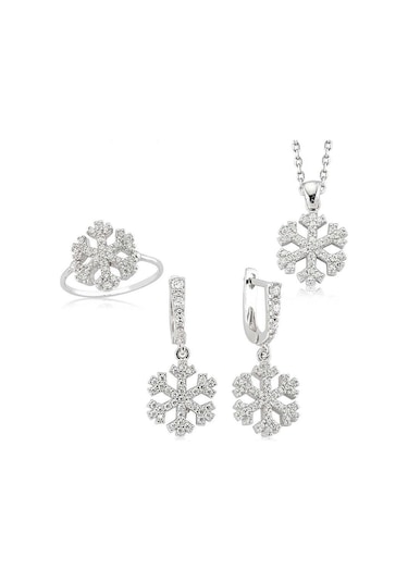 Kar Tanesi Gümüş Kolye Küpe Yüzük Taşlı Üçlü Set Tst07