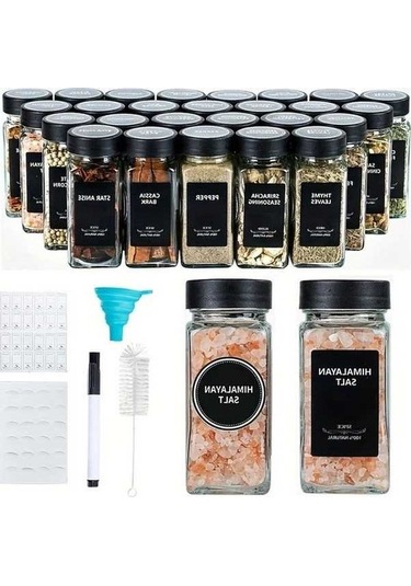 Trendooze Kahverengi 12li Cam Baharat Şişesi Seti 4oz Kapaklı Fırınlı Funnel Ve Kalem Kahverengi Siyah