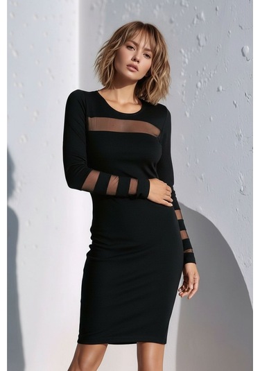 Kadın Kolları Ve Yakası Tasarım Tül Detaylı Uzun Kol Kışlık Şık Elbise Siyah