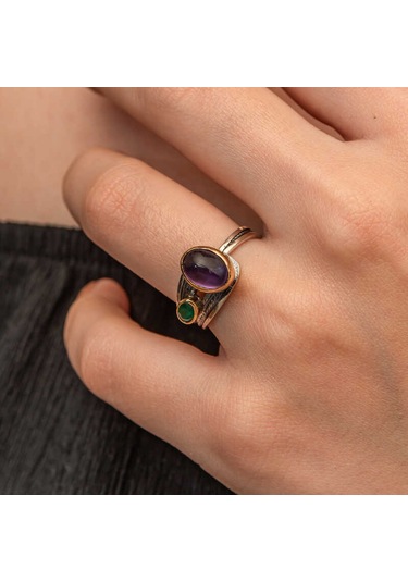 Blackcraft Gümüş Ametist Taşlı Zümrüt Otantik Ayarlanabilir Kadın Yüzük Bc-a62bb7 Renkli