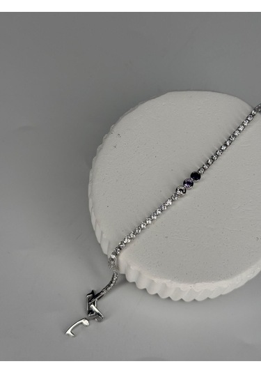 Mor Ve Siyah Taş Detaylı Gümüş Renk Çelik Bileklik Zarif Kadın Takı Gümüş