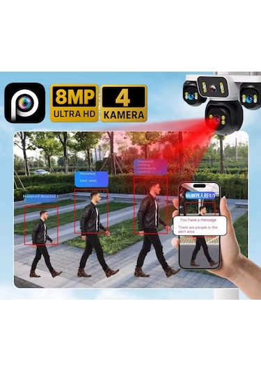 Hieasy 8mp 4 Kameralı Wifi 16x Zoom Hieasy Gece Görüş Çift Yönlü Ses Uzaktan İzleme Kişi Takibi Türkçe Es-5804