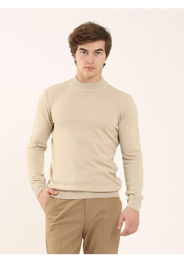 Dufy Bej Erkek Slim Fit Yarım Balıkçı Yaka Triko - 91102 Bej