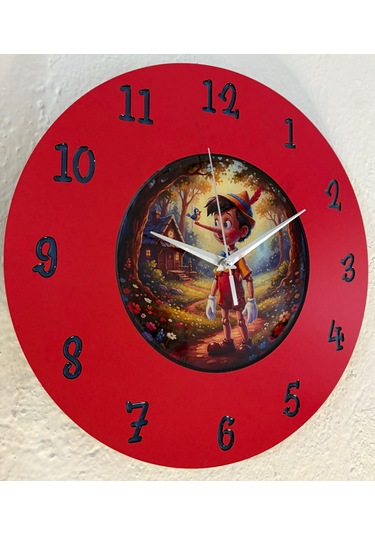 Kişiye Özel İsimli Çocuk Odası Duvar Saati Epoksi Dolgulu 35 Cm Masallar Serisi Kırmızı - Siyah