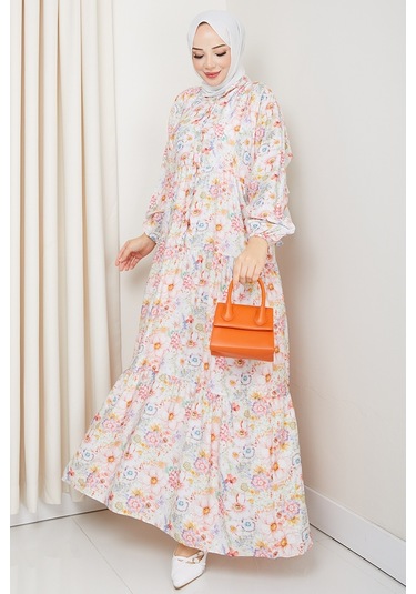 Elera Desenli Yarasa Kol Tesettür Elbise 1572 - Pembe Pembe