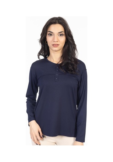 Yeni Sezon 2024 Sade Desen Yuvarlak Yaka Likralı Anne Penye Bluz 6484-lacivert Lacivert