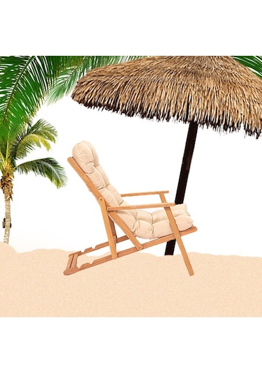 Ahşap Şezlong Sandalye Katlanır Minderli -sütlü Kahve