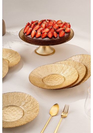 Emsan Golden 7 Parça Cam Pasta / Tatlı Seti Gold