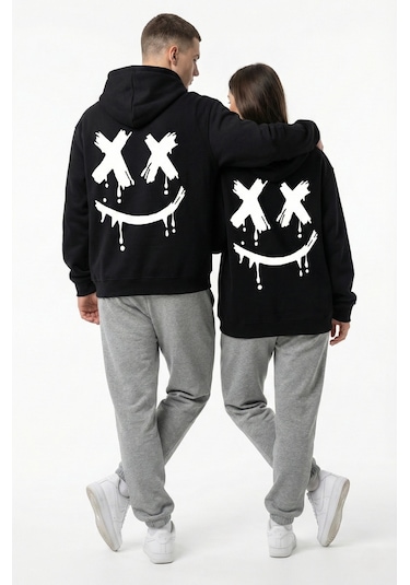 Nevermind Unisex Smile Baskılı Sevgili Kombini Oversize Hoodie Seti Siyah