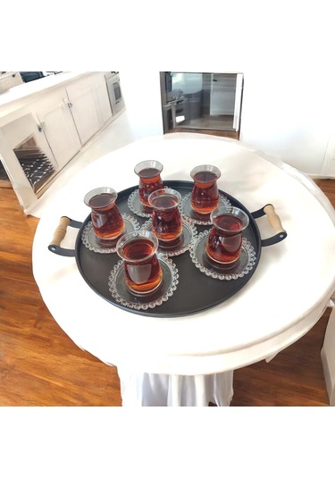 Tepsi Seti Ahşap Kulplu Siyah Metal Çay Tepsisi Kahve Tepsisi