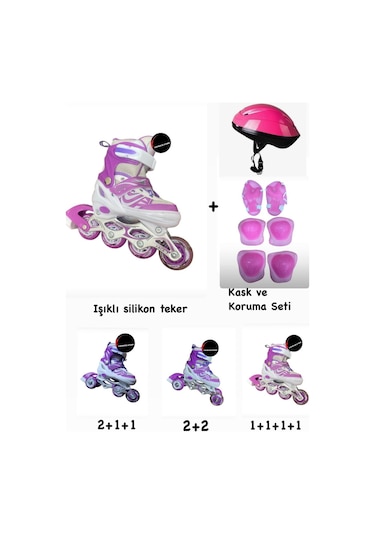 Işıklı Çocuk Pateni Ayarlanılabilir Silikon Tekerli Frenli Metal Gövdeli Paten Ve Kask Dizlik Set Mor