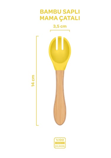 Silikon Beslenme Seti 3'lü Sunrise Sarı / Mama Tabağı, Bambu Saplı Mama Kaşığı Ve Çatalı