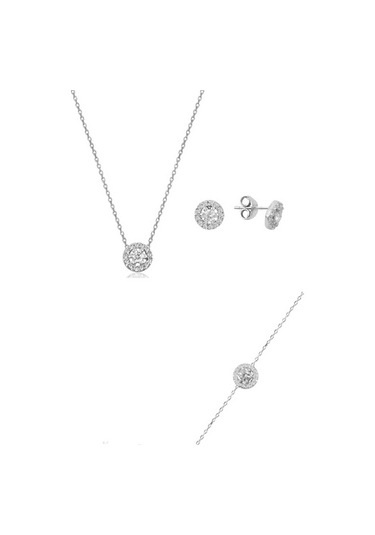 Gümüş Rodyumlu Pırlanta Montürlü Kolye Bileklik Ve Küpe Gümüş Üçl