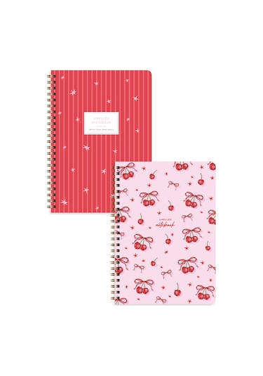 A5 Spiralli Karton Kapak 2 Li Set Düz Çizgisiz Okul Defteri 80 Yaprak, Ders Programlı Kiraz