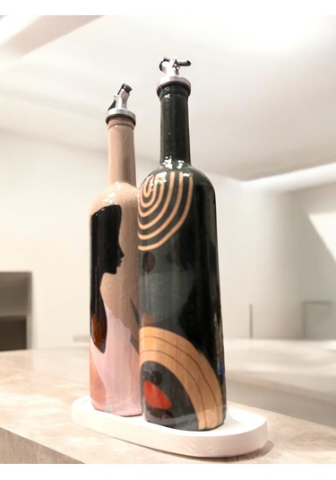 El Yapımı Dekoratif Minimalist Afro Kadın Ve Geometrik Desenli Yağdanlık Seti, Sosluk, Sirkelik, Mut Füme