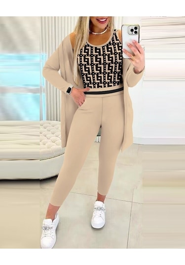 Ahes Shopping Kadın Uzun Kollu Krep Üçlü Takım Bej