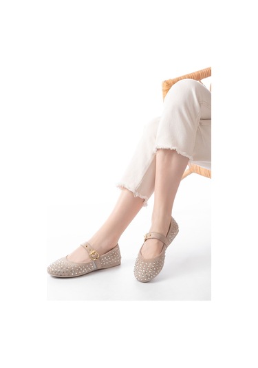 Dm-6020 Bej Troklu Baret Tokalı Günlük Kadın Babet Beyaz