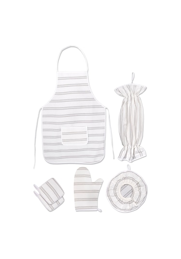 Morlay Önlük+Fırın Eldiveni+Tutacak 2 Adet+Poşetlik+Demlematik Mutfak Seti 6'lı Krem - Gri Çizgili
