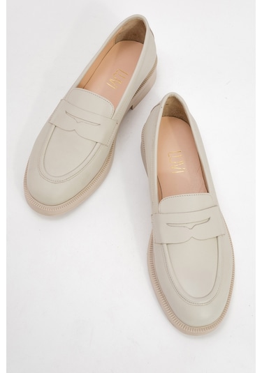 Pline Ekru Cilt Hakiki Deri Kadın Loafer Ayakkabı ekru