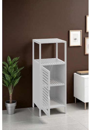 Digithome Bambu Beyaz Lake 1 Kapaklı 2 Raflı Banyo Düzenleyici Organizer Dik Dolap Db-0044 Beyaz