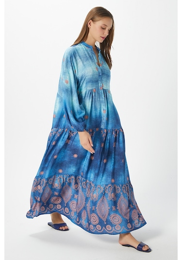 Modest Kadın Lucian Mavi %100 Viskon Maksi Boy Yazlık Elbise Maviturkuazturuncu Çok Renkli