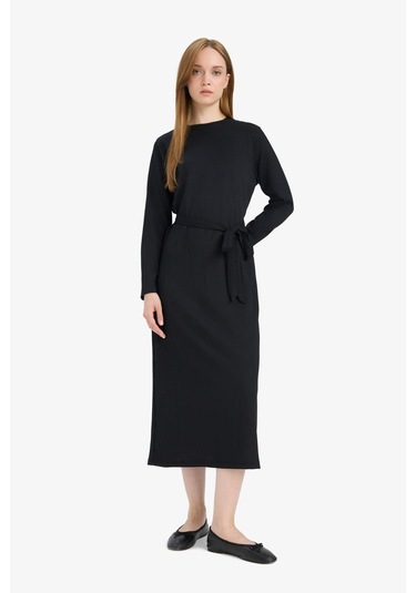 Defacto Regular Fit Bisiklet Yaka Bağlamalı Uzun Kollu Maxi Elbise D9063ax25spbk81 Siyah