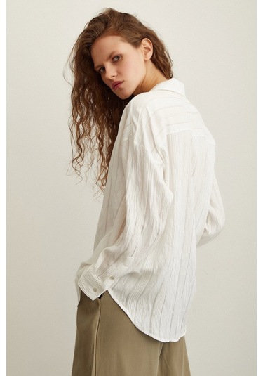 Never More Dokulu Çizgili Gömlek Beyaz