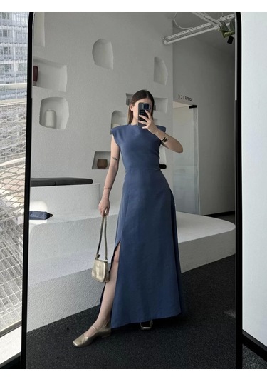 Keten Yandan Yırtmaçlı Uzun Elbise Sıfır Kol Elbise - Mavi Mavi