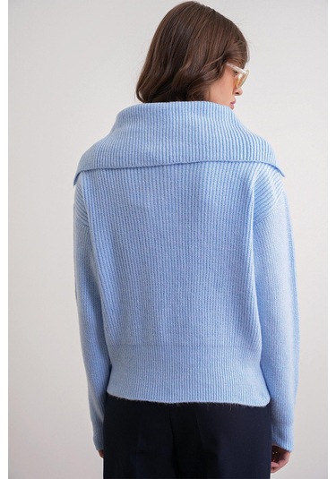 6900 Kadın Düğmeli Devrik Yaka Triko Kazak Bebe Mavi Bebe Mavi