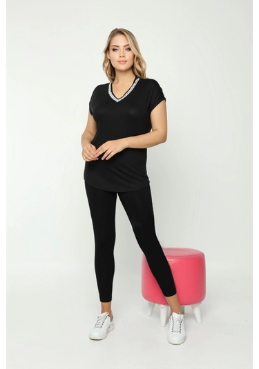 Yakası Taş Baskılı Bluz Siyah