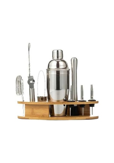 Pazly By-011 11'lı Oval Ahşap Standlı Çalkalayıcı Seti 350ml Barmenlik Paslanmaz Çelik Bambu