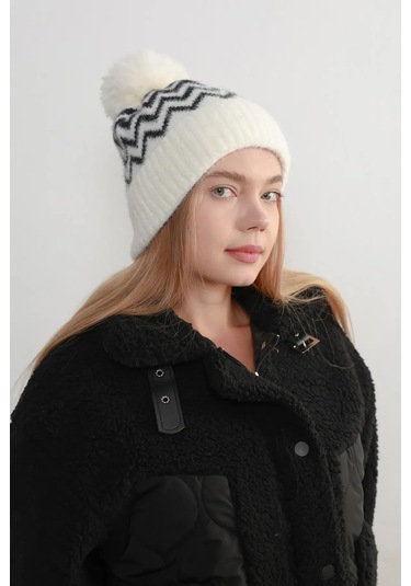 Zigzag Desenli Kadın Bere Rkş-19 Siyah Beyaz 4155630 Beyaz - Siyah