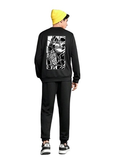 Uyguntarz Unisex Skullcracked Baskılı Bisiklet Yaka Eşofman Takımı Siyah