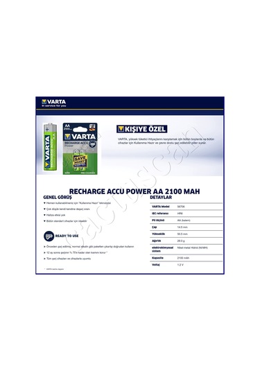 Varta 56706 Ready2USE 2100 mAh AA Kalem Pil 4'lü + Varta 800 mAh AAA Şarjlı Pil + Pil Kutusu