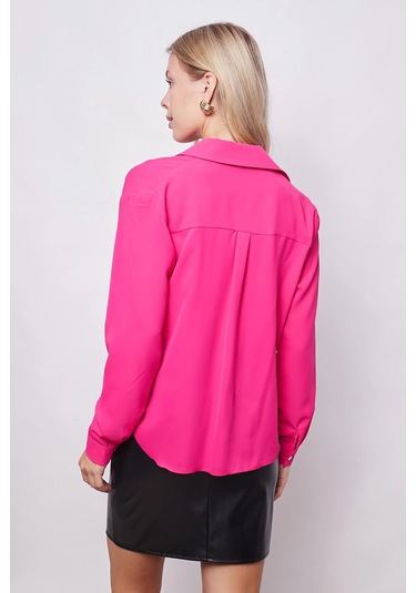 Yakalı Önü Pileli Uzun Kol Likrasız Şık Kumaş Gömlek-Fujya Fujya