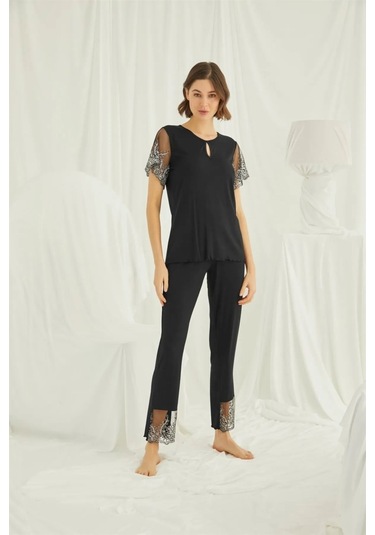 Monamise 19193 Kadın Kısa Kollu Pijama Takımı-siyah Siyah